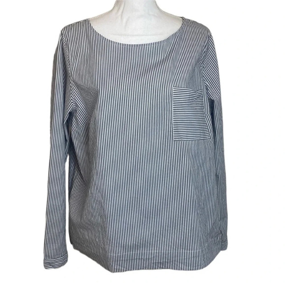 J Crew Top Organic Cotton Striped Box Blouse Black & White Long Sleeve Pocket - Picture 5 of 13